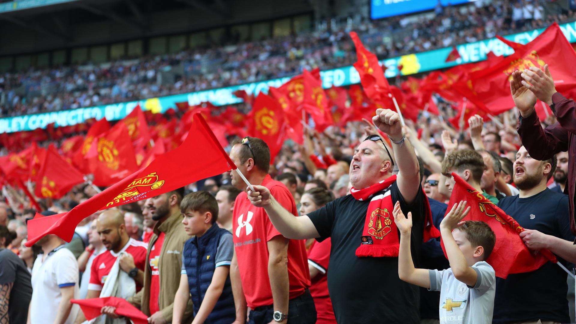 LONDON, ENGLAND - APRIL 21: Manchester United fans during The Emirates FA Cup Semi Final between Manchester United and Tottenham Hotspur at Wembley